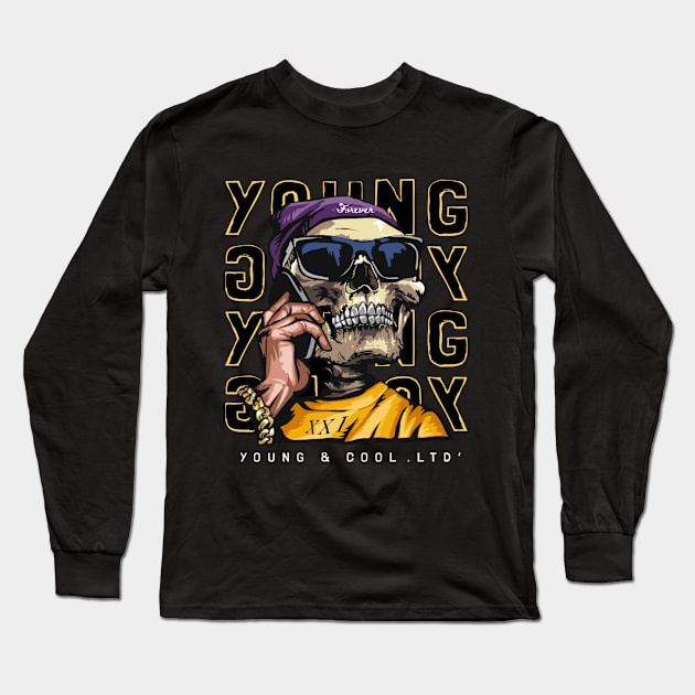 Young & Cool with skull in sunglasses and smartphone Long Sleeve T-Shirt by Gouzka Creators 